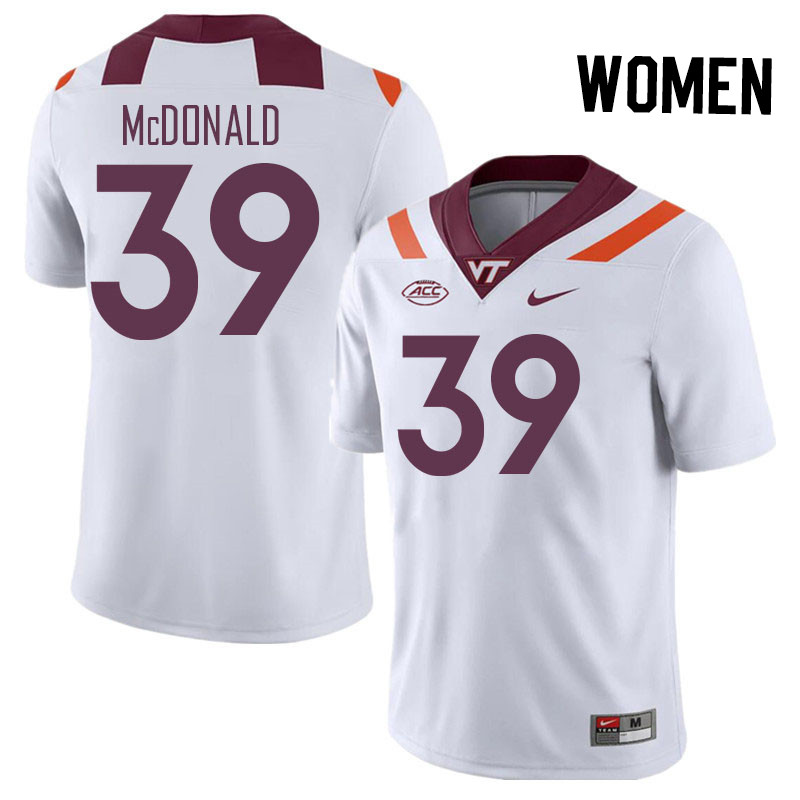 Women #39 Jorden McDonald Virginia Tech Hokies College Football Jerseys Stitched Sale-White - Click Image to Close